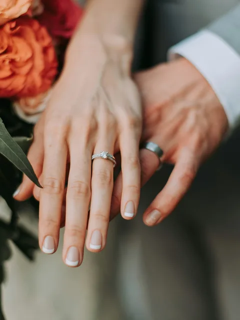 Two rings, two hands and the bouquet